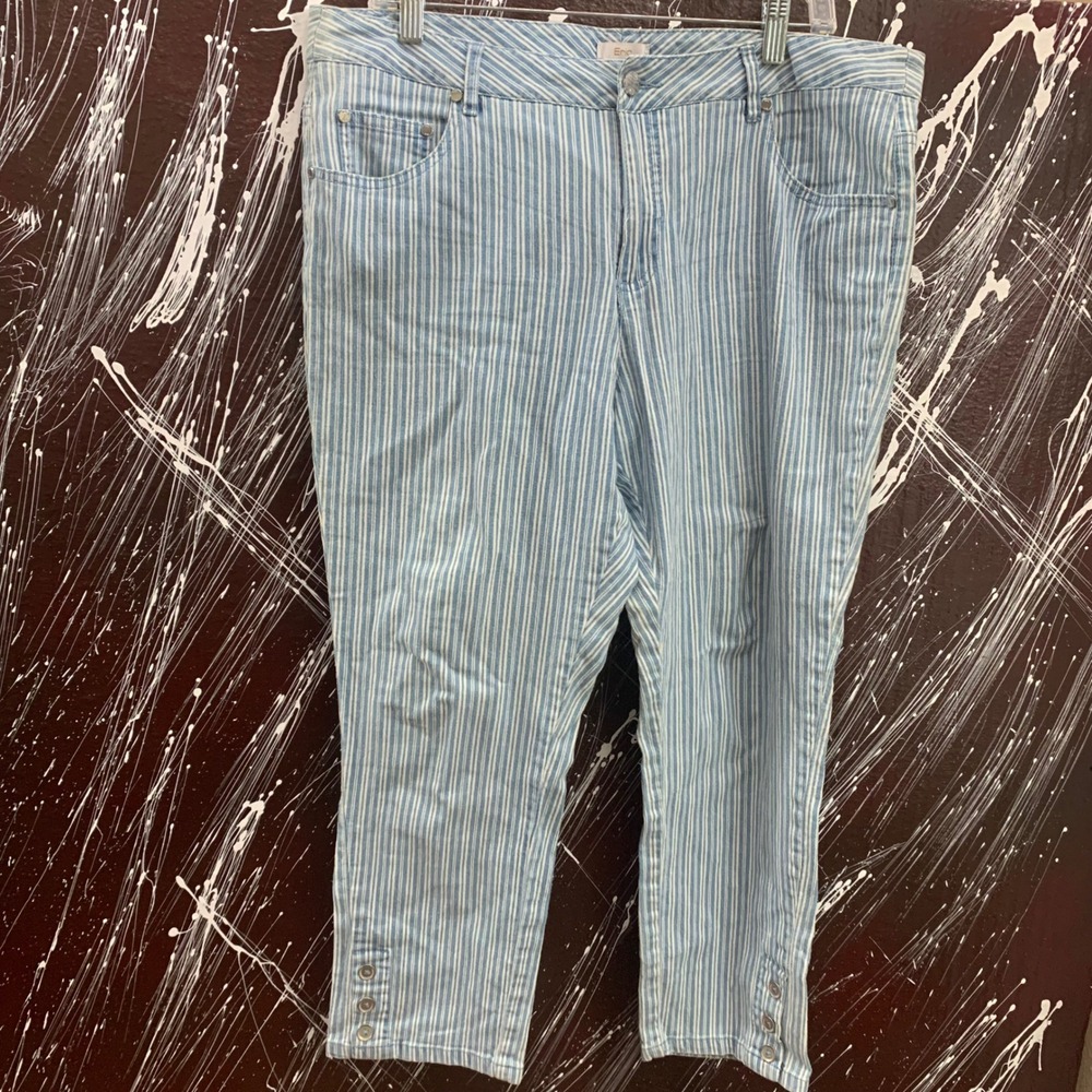 Eric Womens Blue White Striped Cropped Jeans Size 16 Button Hem Stretch Pants
